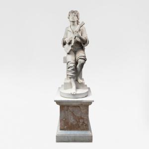 E. Mannni (19th), The Musician, Carrara Marble And Breccia Marble, 19th
