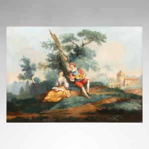 French School Of The 19th, Gallant Scene, Oil On Wood Paneling Or Trumeau Canvas, 19th