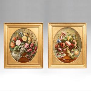French School Of The 19th, Bouquets Of Flowers On Entablature, Pair Of Oil On Canvas, 19th