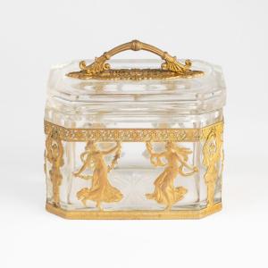 Empire Style Biscuit Tin In Cut Crystal And Brass, 19th Century