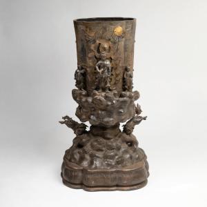 Japan, Bronze Incense Burner And Wooden Base, 20th