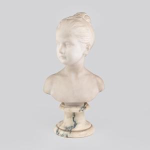 Guglielmo Pugi (1850 - 1915), Bust Of A Young Girl In Carrara Marble, 19th
