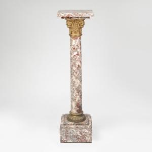 Column In Red Marble Veined With White, Adorned With Gilt Bronze, 20th