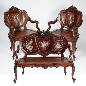 Indochinese Living Room Set Consisting Of A Bench And Two Armchairs, 20th Century