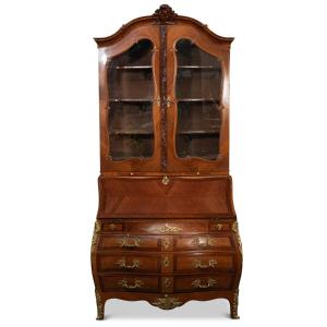 A Commode-style Writing Desk Surmounted By A Display Cabinet, Made Of Veneered Wood And Gilt Bronze, 18th Century.