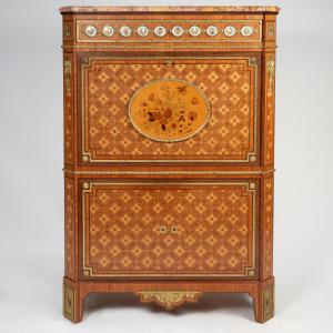 Louis XVI Style Drop-front Secretary Desk Inlaid With Porcelain Medallions, 20th Century