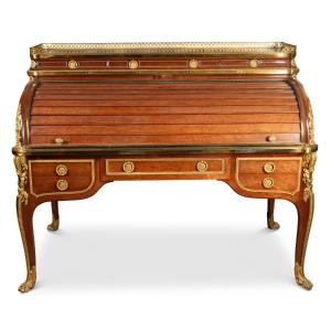 A Mahogany Cylinder Desk Richly Adorned With Gilt Bronze Mounts, 19th Century