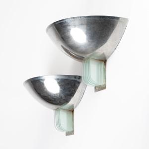 In The Style Of Jean Perzel (1892-1986), A Pair Of Metal And Glass Wall Sconces, 20th Century