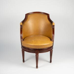 Louis XVI Style Swivel Office Chair In Mahogany-stained Wood, 20th