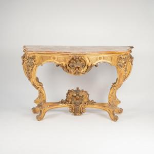 Balny Jeune, Louis XV Style Console In Giltwood And Sarrancolin Marble, 19th Century