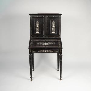 Charles Hunsinger (1823-1893), Bonheur Du Jour In Ebony And Ivory Inlays, 19th Century