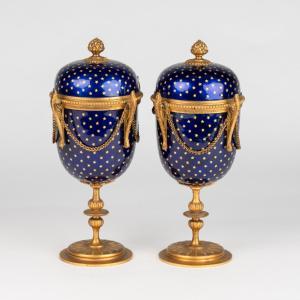 Pair Of Covered Pots In Enameled Copper And Gilt Bronze, 19th Century