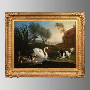 Attributed To Jan Weenix (1640-1719), Dog In Front Of A Swan, Oil On Canvas, XVIIIth Century