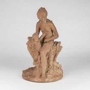 Terra Cotta Sculpture "venus And Cupid", XIXth