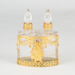 Two-bottle Holder In Cut Crystal And Gilded Brass, 19th Century