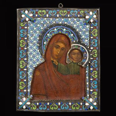 Icône en émaux cloisonnés, argent et peinte, Russie, XIXe