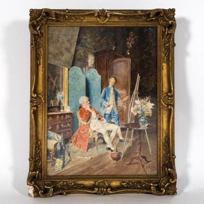 Bernard Louis Borione (1865-), Le peintre dans son atelier, aquarelle, XXe