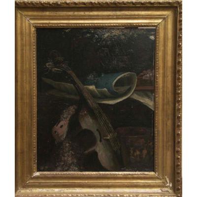 Ecole Italienne du XIXe, huile sur panneau, Nature morte au violon, XIXe