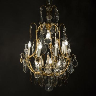 Lustre cage en bronze dor&eacute; &agrave; pampilles, XIXe