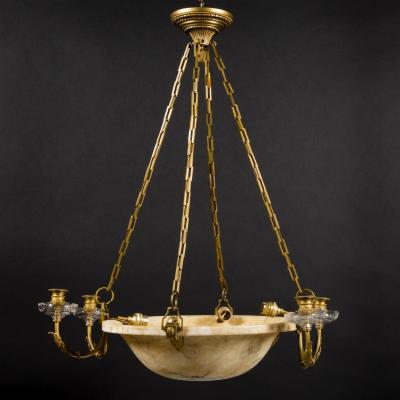 Lustre en bronze doré et coupe en albâtre, XIXe