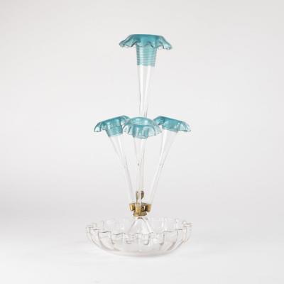Soliflore &agrave; quatre bras en verre souffl&eacute; transparent et turquoise, XXe