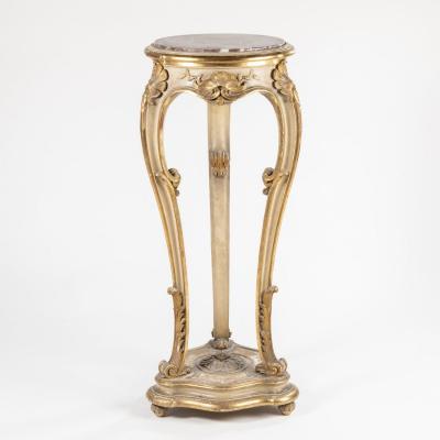 Sellette en bois dor&eacute; sculpt&eacute; et plateau en marbre rouge vein&eacute; blanc, XIXe