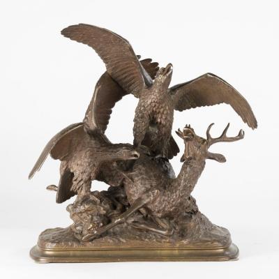 Christophe Fratin (1801-1864), Cerf attaqué par deux aigles, bronze à patine brune, XIXe