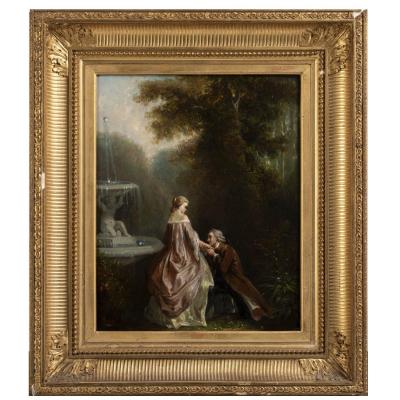 &Eacute;cole Fran&ccedil;aise, Sc&egrave;ne de genre, huile sur panneau, cadre en bois dor&eacute; sculpt&eacute;,  XIXe