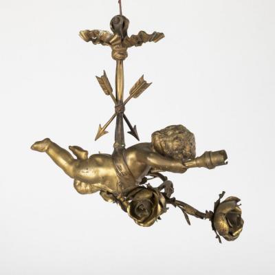 Lustre Cupidon aux roses en bronze doré, XIXe