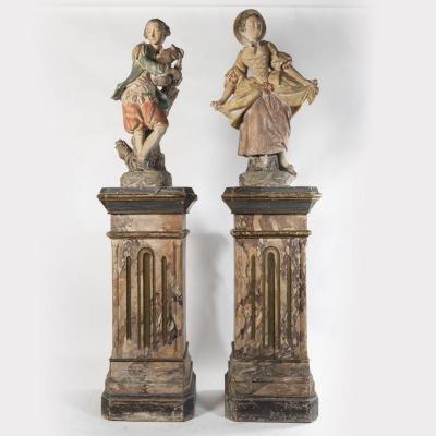 Pair Of Terracotta Sculptures On Two Trompe-l'oeil Painted Wooden Columns, 19th Century