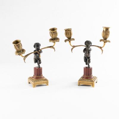 Pair Of Bronze And Marble Satyr Candlesticks, 19th Century