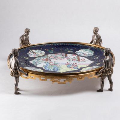 Canton Polychrome Enamel Tray Decorated With A Gilded And Silvered Bronze Mount, XIXth