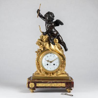 Guillaume Denière (1815-1901), Bronze Cupid Clock With Brown And Gilded Bronze Patina, 19th