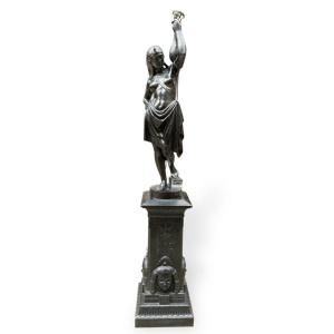 Cast Iron Torch Holder Depicting An Egyptian Woman On Its Base, 20th