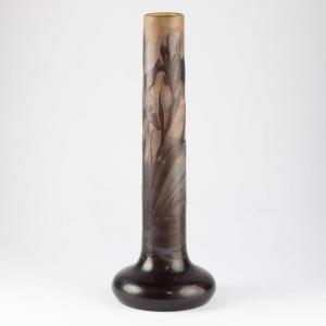 Emile Gallé (1846-1904), vase tubulaire en verre multicouche à décor d'iris et nymphéas, XIXe