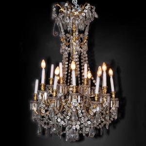 Lustre en bronze doré et pampilles, XIXe
