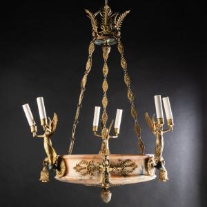 Lustre de style Empire en albâtre rose et bronze doré, XIXe