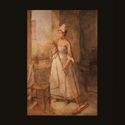 Huile sur toile " Paysanne dans sa cuisine ", XIXe