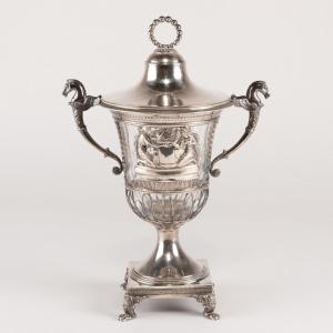 Jam Maker In The Shape Of An Antique Vase, Solid Silver And Cut Crystal, 19th Century