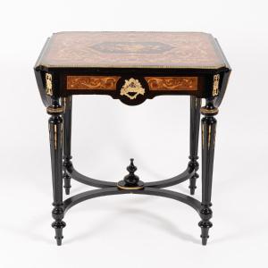 Table With Two Flaps In Precious Wood Marquetry, 19th Century
