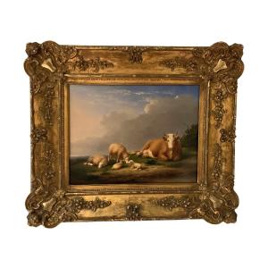 Eugène Verboeckhoven - Pastoral Scene With Sheep, Lambs And Cow 19th Century