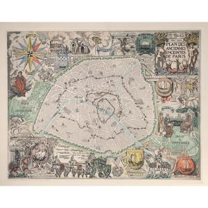 André Serveau (1892-1971) - Plan Des Anciennes Enceintes De Paris (1937) - Original Engraving