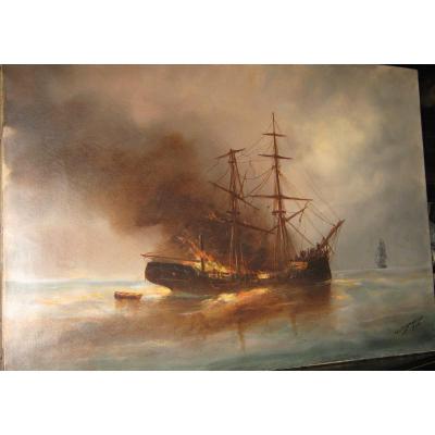 "sailboat In Flames At Twilight" Edward Adam 1909.