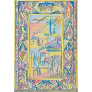 Paule And Max Ingrand, Preparatory Drawing For An Art Deco Panel "congo - Elephants" C.1940