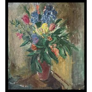 René Mels - 1940 - Large Bouquet Of Flowers - Oil On Canvas