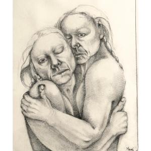 Medi Holtrop - Rare Large Drawing With Norwegian Text