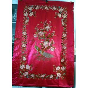 Ancient Chinese Wall Hanging In Pink Silk Polychrome Embroidery Birds Butterflies Asian Art