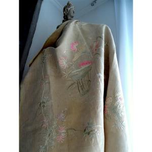 Asian Embroidery Decorated With Butterflies, Birds And Large Floral Decor, Roses And Chrysanthemum