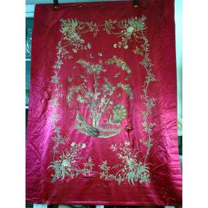 Ancient Chinese Hanging In Pink Silk Polychrome Embroidery Birds Butterflies Asian Art