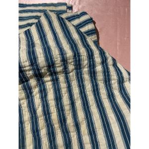 19th Century Quilted Blanket With Blue And Beige Stripes From The Bordeaux Region